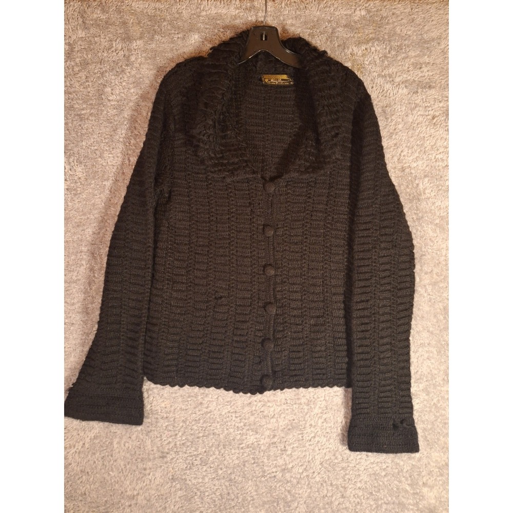 Mon Repos Vintage Alpaca Wool Hand Made Crochet Cardigan Sweater Black Chest 40"